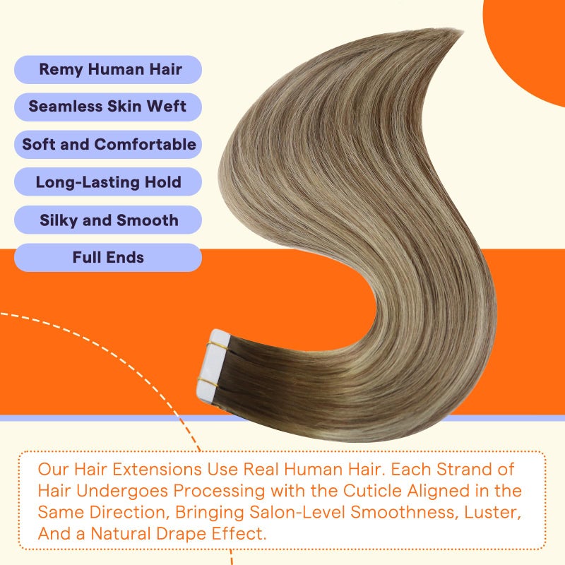 Fshine Full Shine Tape Hair Extensions Real Human Hair Balayage Color 3 Dark Brown Fading to 8 Ash Brown Highlight 22 Blonde Tape in Hair Extensions Real Human Hair Tape Ins 14 Inch 50G 20pcs for Wedding - Image 2